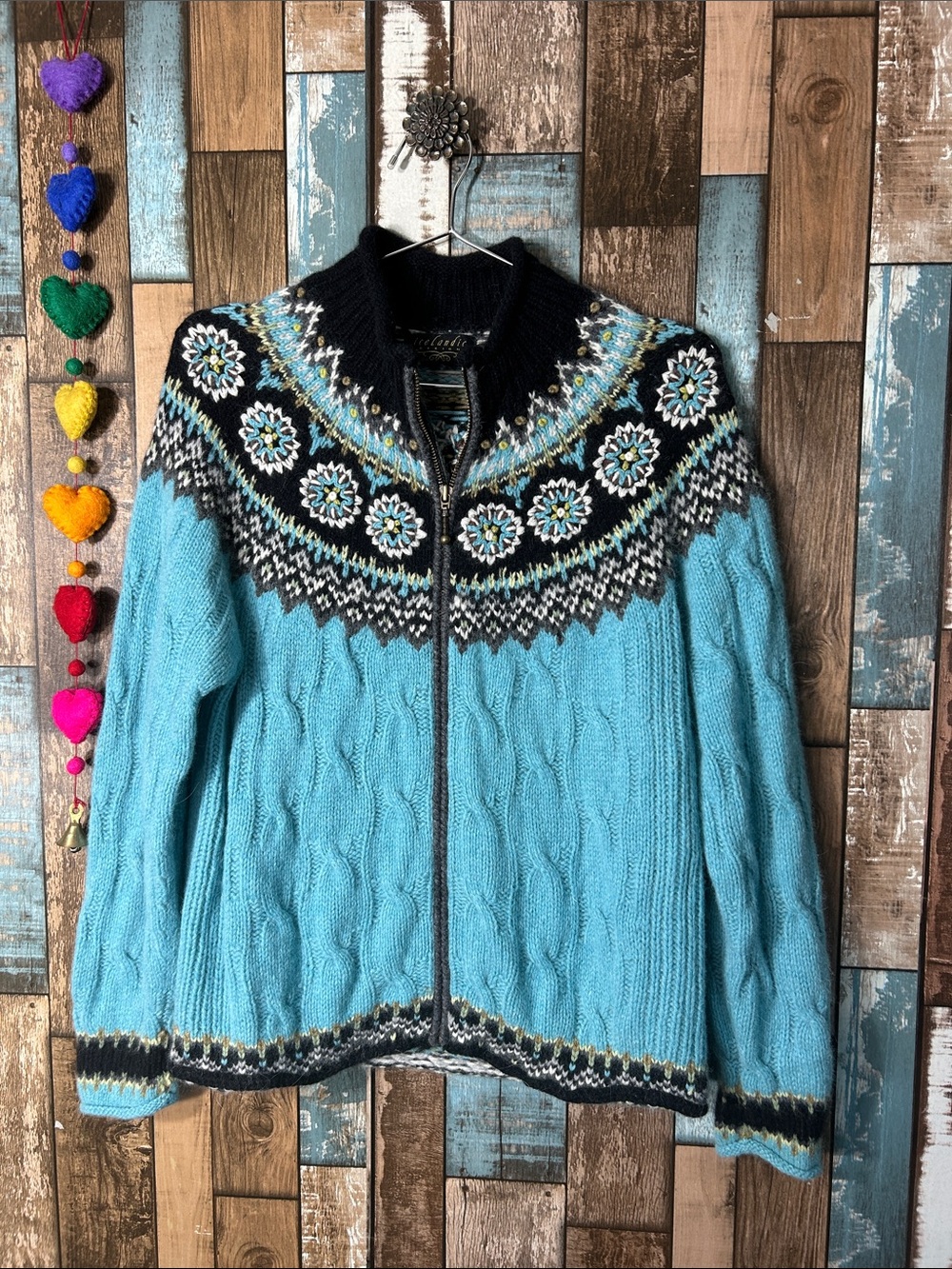 Aqua Cable-Knit Zip Cardigan with Nordic Yoke